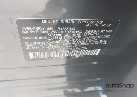 2022 Subaru Forester Wilderness z USA, uszkodzony, nr VIN JF2SKAMC9NH489909